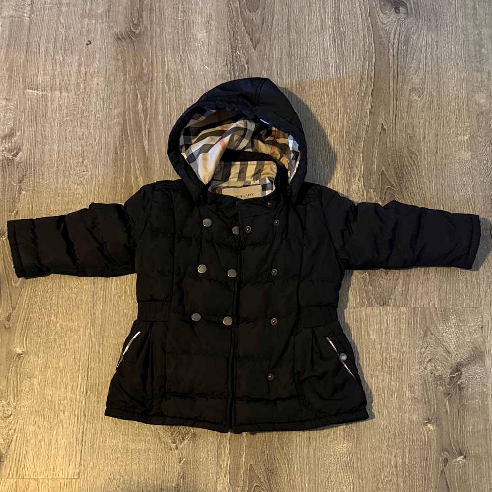 Toddler girl Burberry Black Puffer Kids Jacket with detachable Hood size 4 kids